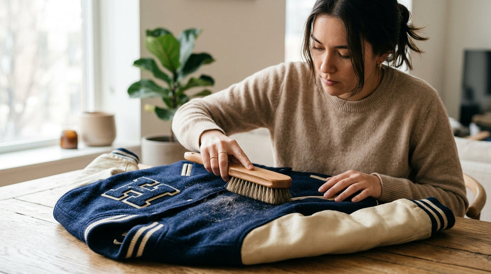 A person using a soft-bristle garment brush to remove lint and debris from a navy wool varsity jacket with cream leather sleeves.