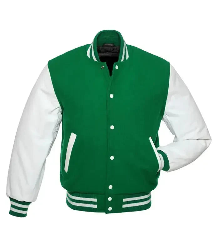 Green and white varsity jacket front view with classic letterman style, snap button closure, and striped ribbed trims.