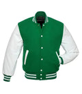 Green and white varsity jacket front view with classic letterman style, snap button closure, and striped ribbed trims.