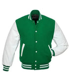 Green and white varsity jacket front view with classic letterman style, snap button closure, and striped ribbed trims.