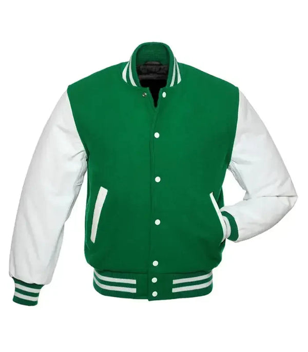 Green and white varsity jacket front view with classic letterman style, snap button closure, and striped ribbed trims.