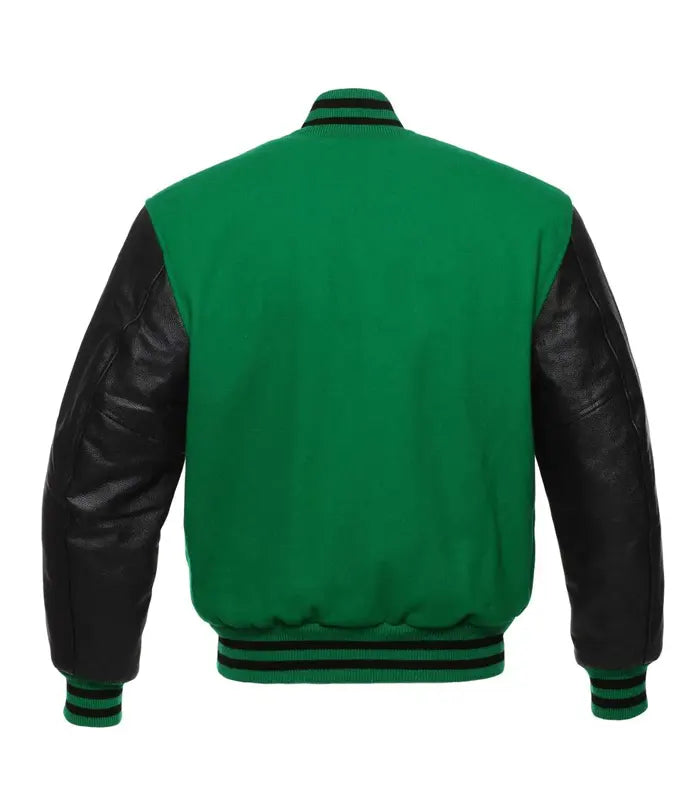 Green varsity jacket with black leather sleeves and striped cuffs, back view
