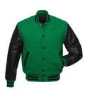 Green varsity jacket with black leather sleeves, ribbed collar, and striped cuffs for custom team wear