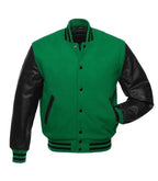 Green varsity jacket with black leather sleeves, ribbed collar, and striped cuffs for custom team wear
