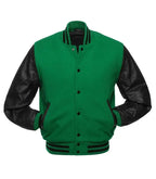 Green varsity jacket with black leather sleeves, snap buttons, and striped cuffs for custom team wear