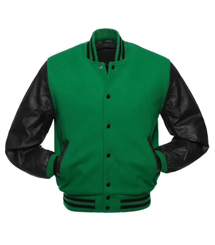 Green varsity jacket with black leather sleeves, snap buttons, and striped cuffs for custom team wear
