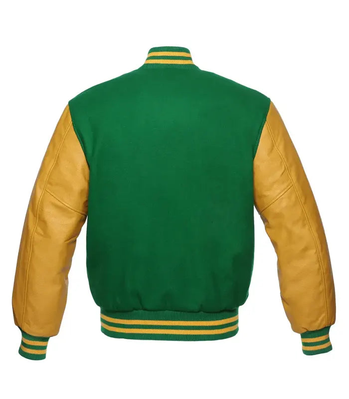 Green and gold varsity jacket with leather sleeves and striped cuffs, back view