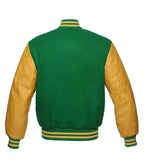 Green and gold varsity jacket with leather sleeves and striped cuffs, back view
