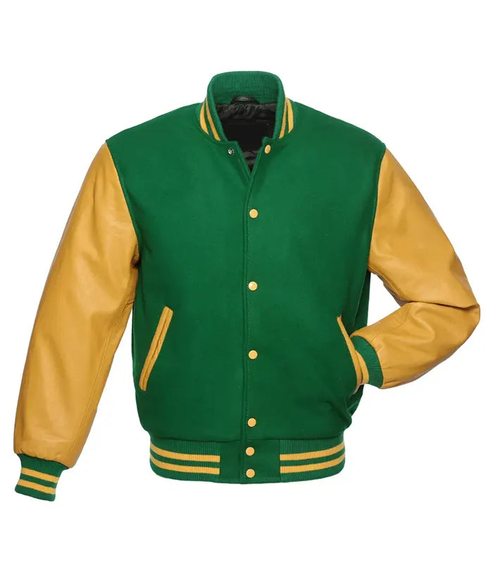Green and gold varsity jacket with leather sleeves, button front, and striped cuffs