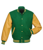 Green and gold varsity jacket with leather sleeves, button front, and striped cuffs