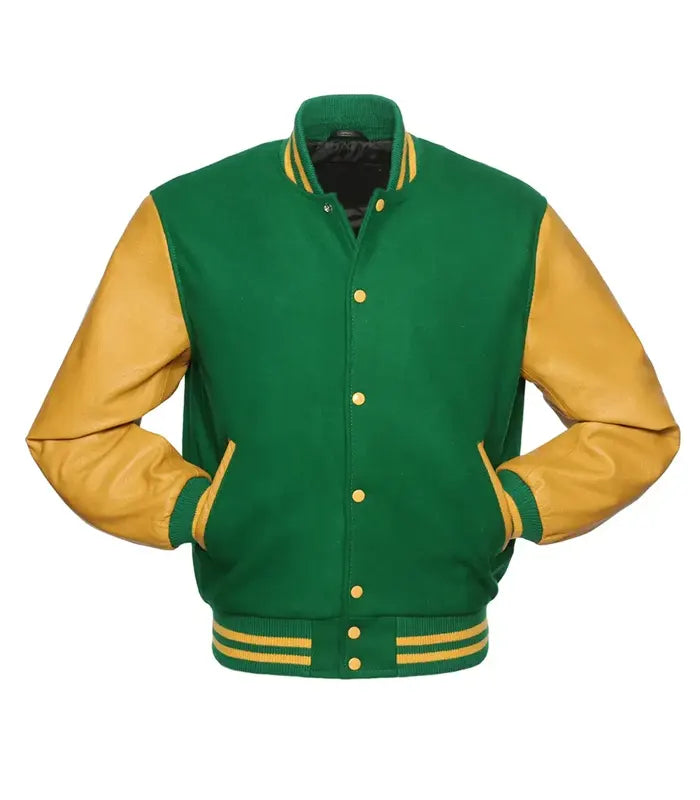 Green and gold varsity jacket with leather sleeves, button front, and striped trim for team or custom wear