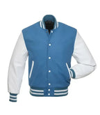 Blue and white varsity jacket front view with classic letterman style, snap button closure, and striped ribbed trims.