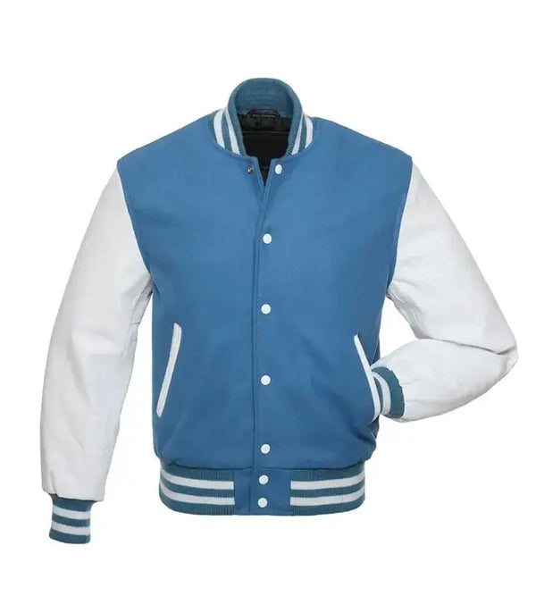 Blue and white varsity jacket front view with classic letterman style, snap button closure, and striped ribbed trims.