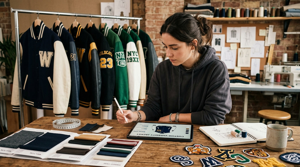 A designer uses a tablet to customize a varsity jacket order in a workshop studio, surrounded by fabric swatches, embroidered patches, and completed jackets on a rack.