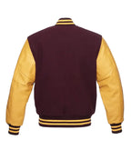 Maroon and gold varsity jacket with leather sleeves and striped cuffs, back view