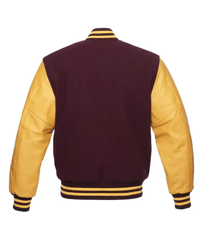 Maroon and gold varsity jacket with leather sleeves and striped cuffs, back view