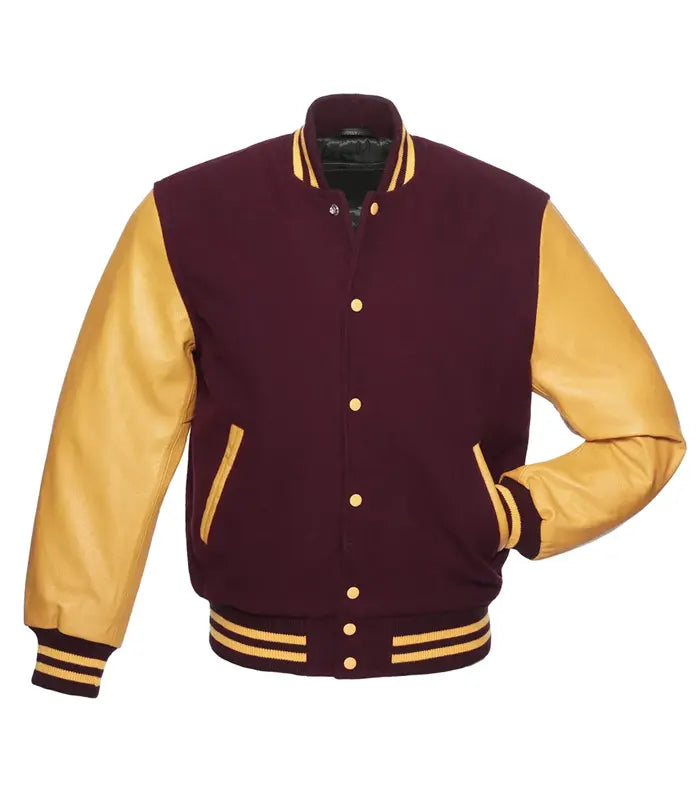 Maroon and gold varsity jacket with leather sleeves, button front, and striped cuffs