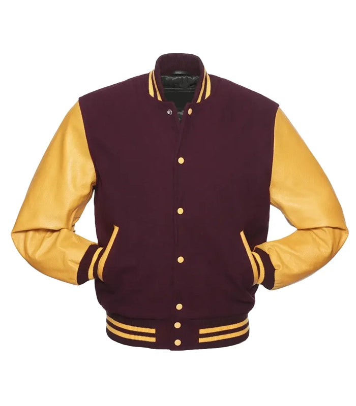 Maroon and gold varsity jacket with leather sleeves, button front, and striped cuffs and collar