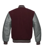 Maroon varsity jacket with gray leather sleeves and striped cuffs, back view