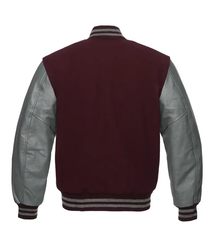 Maroon varsity jacket with gray leather sleeves and striped cuffs, back view