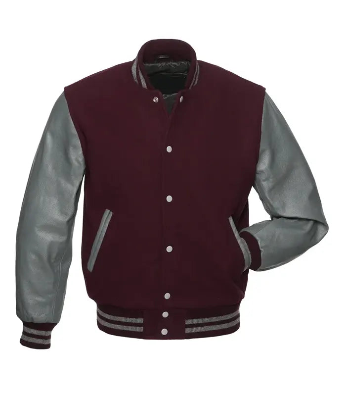 Maroon varsity jacket with gray leather sleeves, button front, and striped cuffs for custom team wear