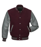 Maroon varsity jacket with gray leather sleeves, button front, and striped cuffs for custom team wear