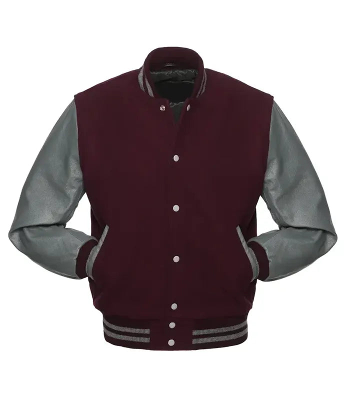 Maroon varsity jacket with gray leather sleeves, ribbed cuffs, and front buttons for custom team wear