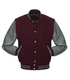 Maroon varsity jacket with gray leather sleeves, ribbed cuffs, and front buttons for custom team wear