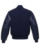 Navy varsity jacket with leather sleeves, back view, custom team or group apparel