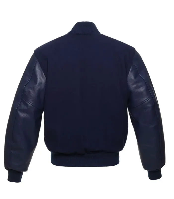 Navy varsity jacket with leather sleeves, back view, custom team or group apparel