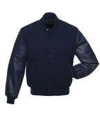 Navy varsity jacket with leather sleeves, button front, and ribbed cuffs for custom team wear
