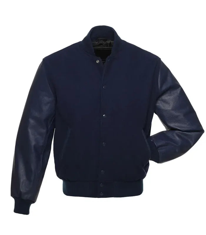 Navy varsity jacket with leather sleeves, button front, and ribbed cuffs for custom team wear