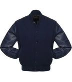Navy blue varsity jacket with leather sleeves, button front, and ribbed cuffs for team or custom wear
