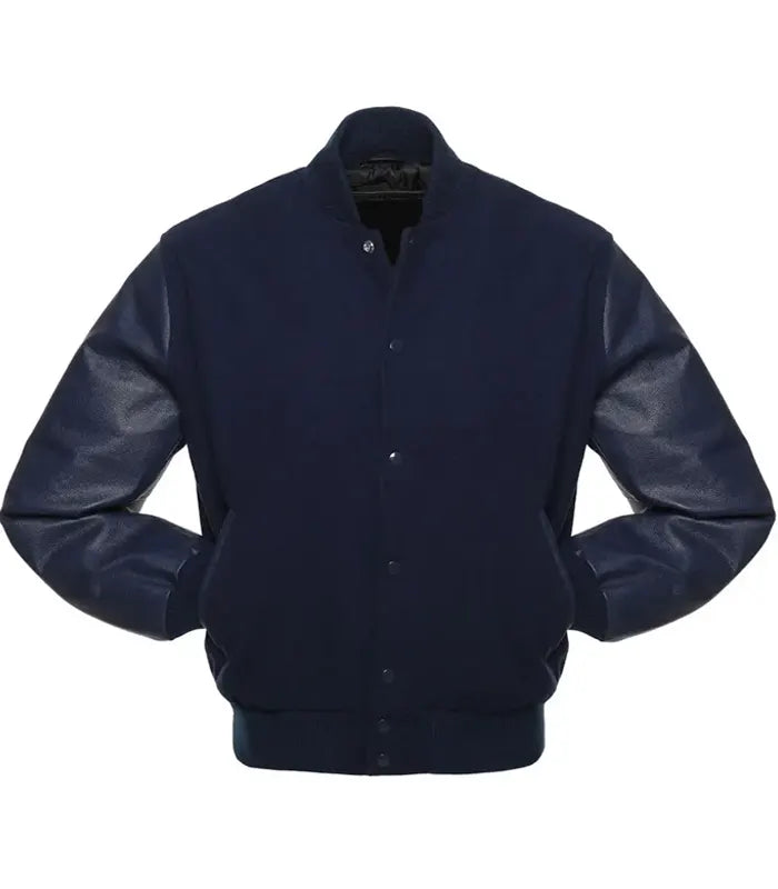 Navy blue varsity jacket with leather sleeves, button front, and ribbed cuffs for team or custom wear