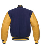Navy and gold varsity jacket with leather sleeves and striped cuffs, back view