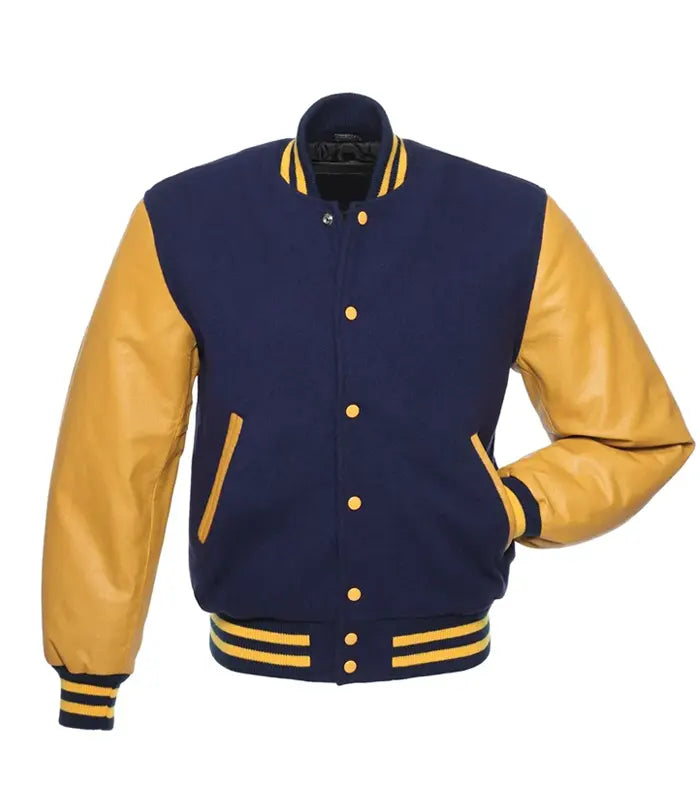 Navy and gold varsity jacket with leather sleeves, button front, and striped trim for custom team wear