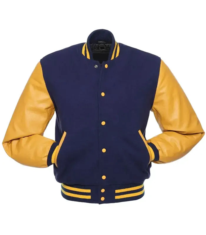 Navy blue and gold varsity jacket with leather sleeves, button front, and striped trim