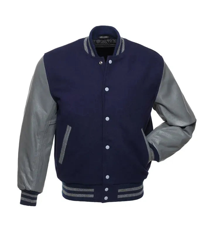 Navy blue varsity jacket with gray leather sleeves, ribbed cuffs, and striped trim for custom team wear