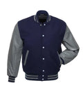 Navy blue varsity jacket with gray leather sleeves, ribbed cuffs, and striped trim for custom team wear