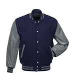 Navy blue varsity jacket with gray leather sleeves, ribbed cuffs, and striped trim for custom team wear