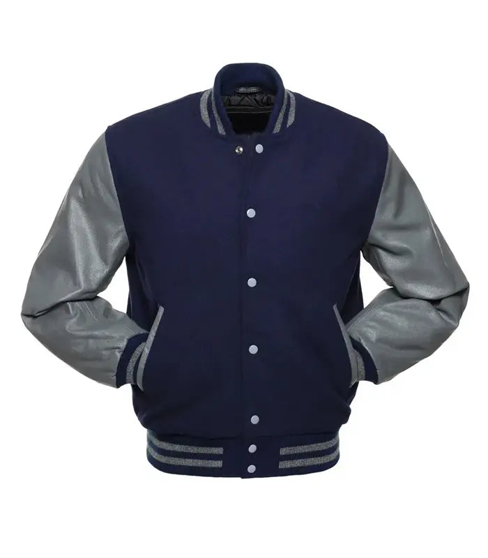 Navy blue varsity jacket with gray leather sleeves, striped cuffs, and front buttons for custom team wear