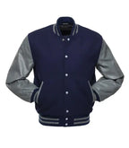 Navy blue varsity jacket with gray leather sleeves, striped cuffs, and front buttons for custom team wear