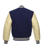 Navy and cream varsity jacket with striped cuffs and waistband, back view