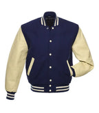 Navy blue varsity jacket with cream sleeves, striped cuffs, and front pockets for teams or custom orders