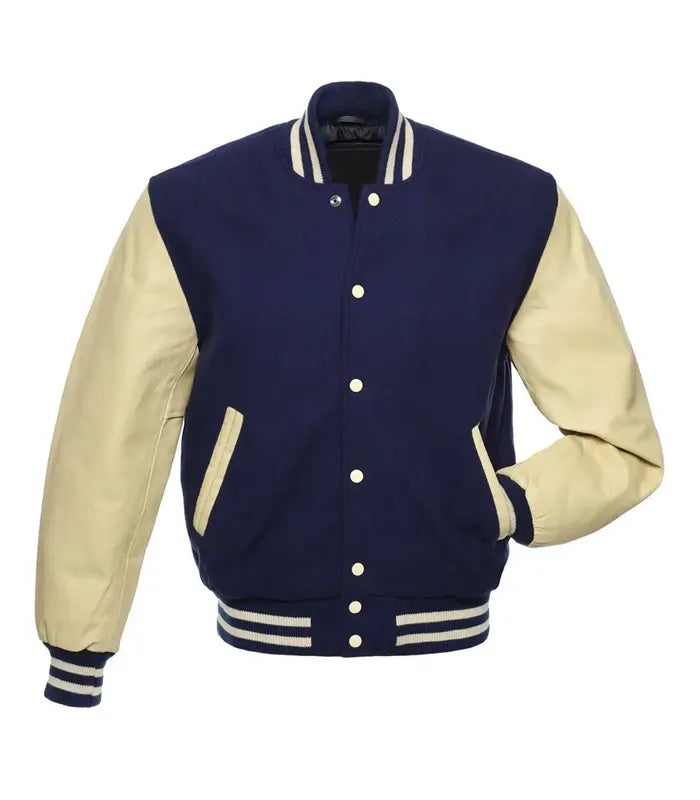 Navy blue varsity jacket with cream sleeves, striped cuffs, and front pockets for teams or custom orders