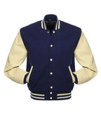 Navy blue and cream varsity jacket with striped cuffs and collar, button front design