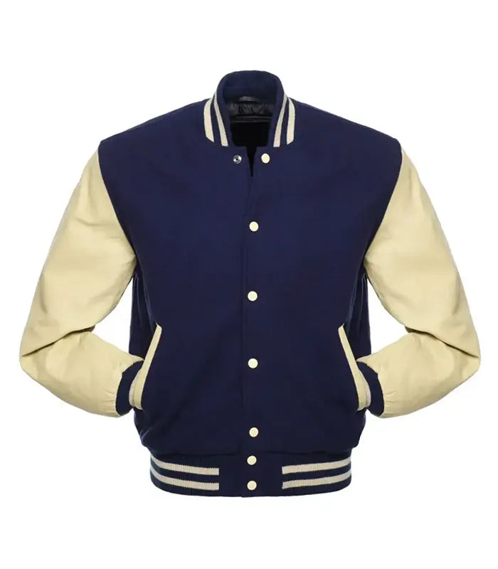 Navy blue and cream varsity jacket with striped cuffs and collar, button front design