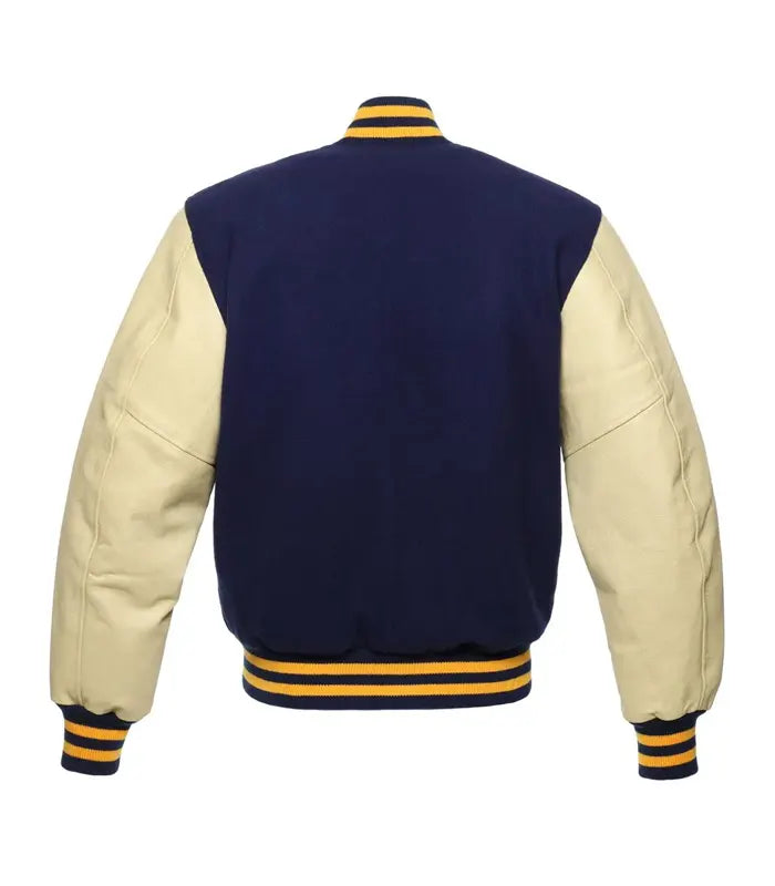 Navy and cream varsity jacket with yellow and navy striped cuffs and collar, back view