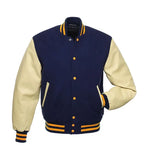 Navy and cream varsity jacket with yellow trim, button front, and ribbed cuffs for teams or custom orders