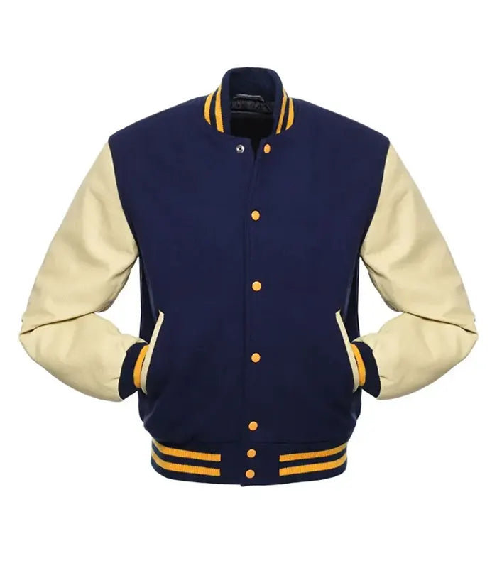 Navy blue varsity jacket with cream sleeves, yellow trim, and button front — customizable team apparel